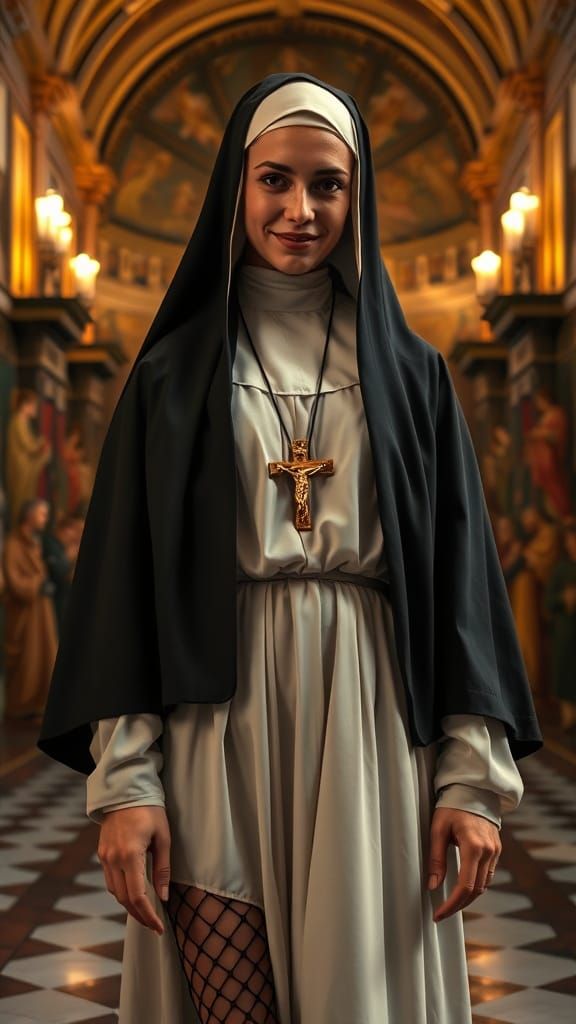 Nun in Sistine Chapel with Dramatic Lighting