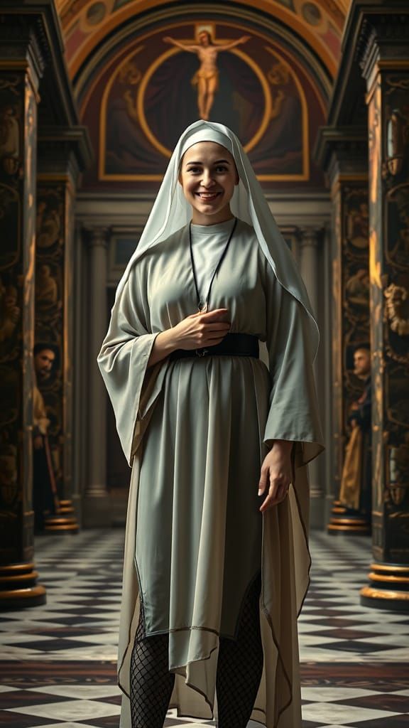 Nun in Sistine Chapel: Caravaggio-Inspired Hyperrealism