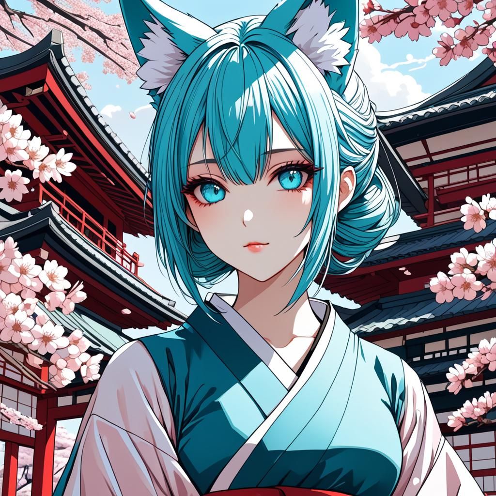 Cyan Fox Girl in Sakura Garden: Manga Art