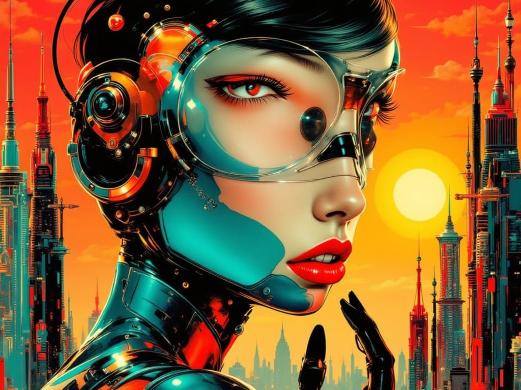 Surreal Pop Art Automaton in Dystopian Cityscape