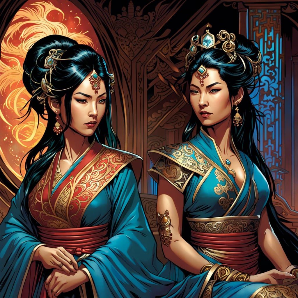 Psychic Twin Sisters in Asian Gowns, Comic Art