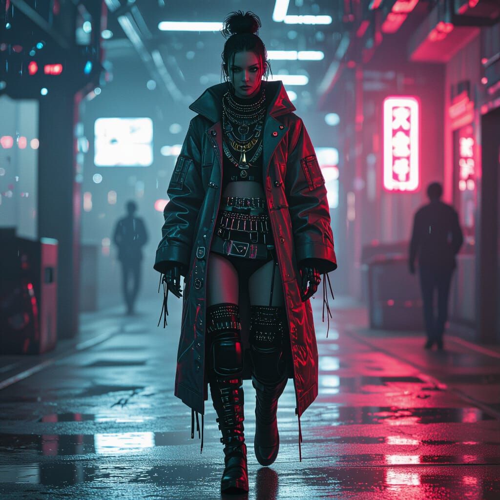 Mystical Cyberpunk Figure in Dimly Lit Environment