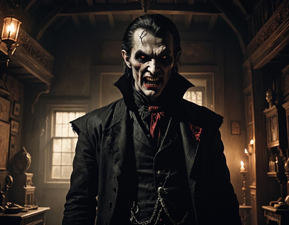 Menacing Vampire Portrait in Eerie Old House