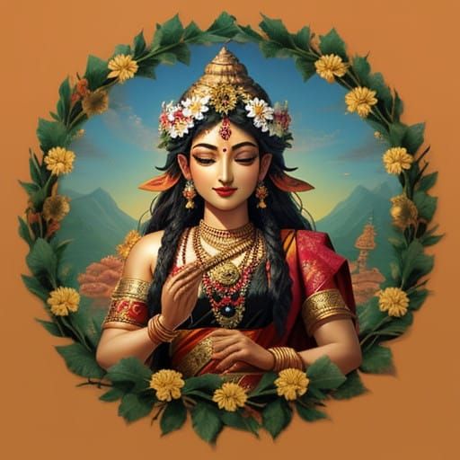 Surreal Hindu Goddess Wears a Vibrant Floral Wreath in a Dre...