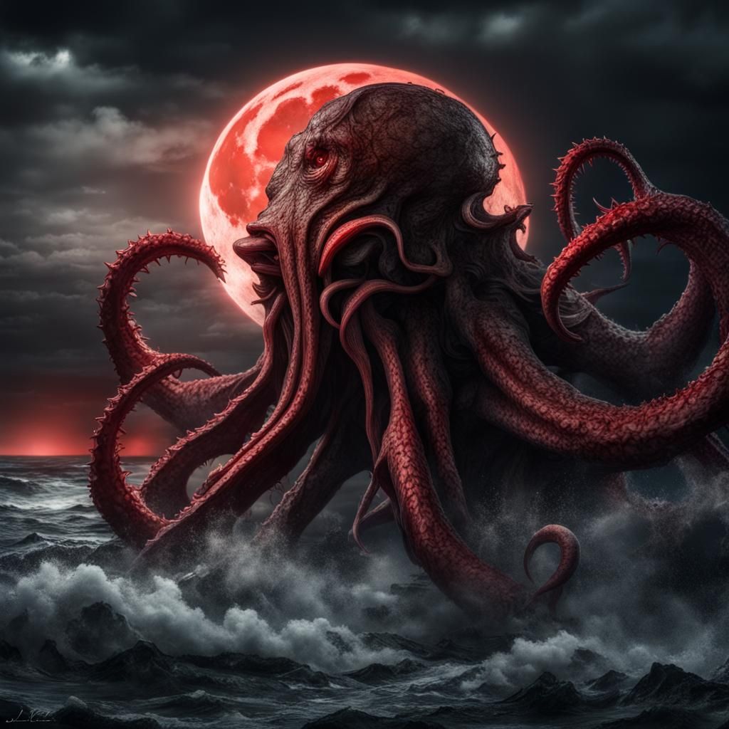 Hyperrealistic Cthulhu Rises During Blood Moon
