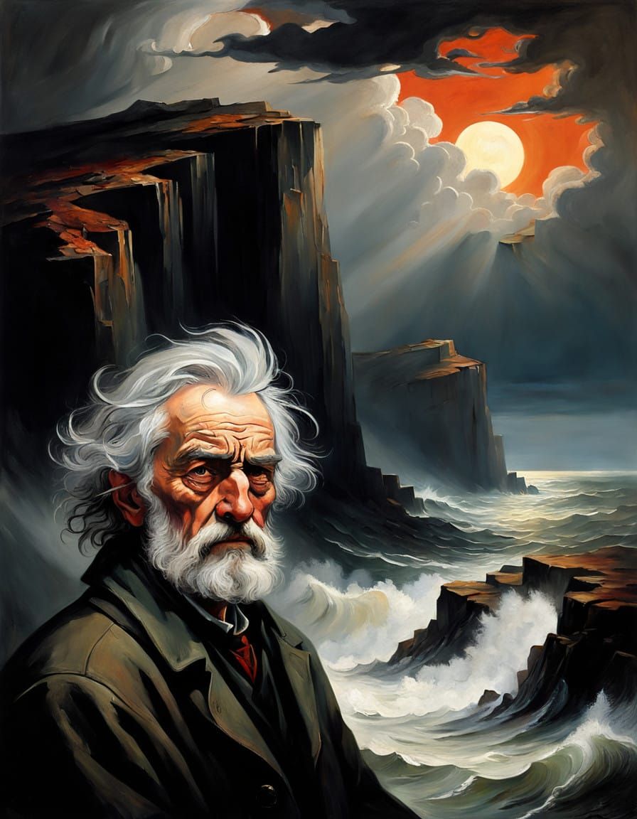 Grey-Haired Sage Confronts Turbulent Seascape