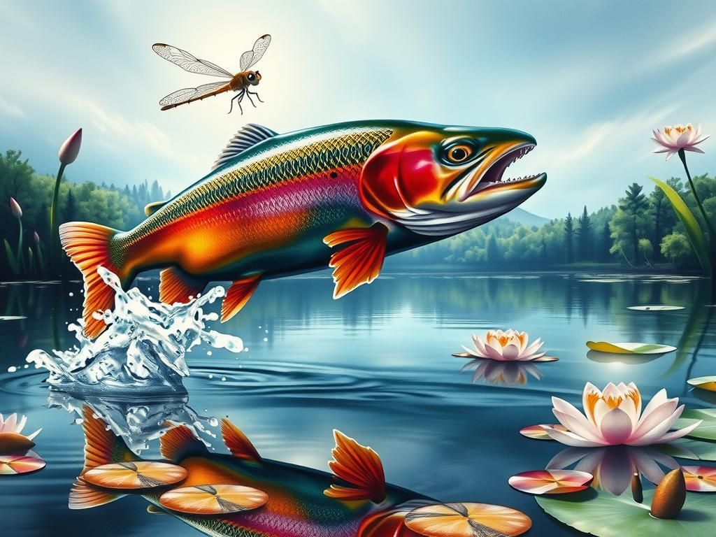 Rainbow Trout Leaping: Detailed Watercolor Landscape