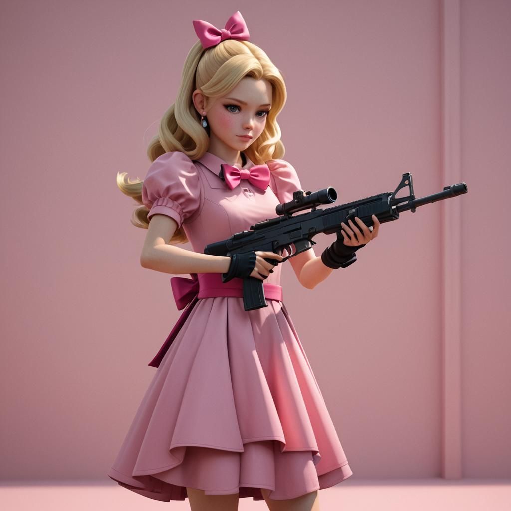Blonde Girl with Pink Rifle, 3D Render