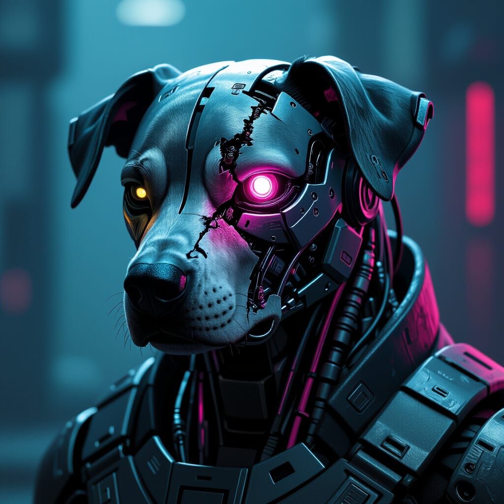 Scarred Cyborg Dog with Mechanical Augmentations