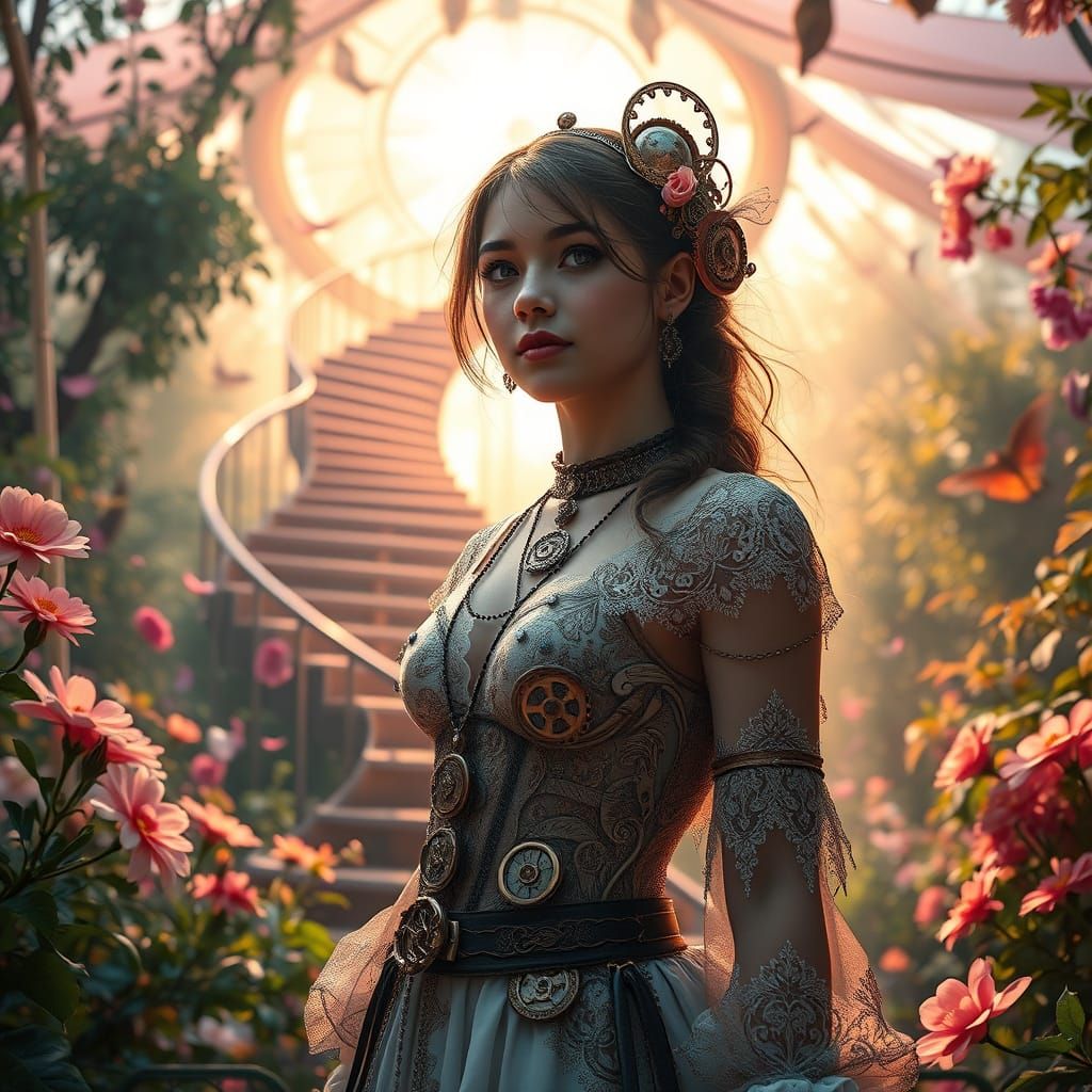 Steampunk Teenage Carnival Princess in Whimsical Spring Scen...