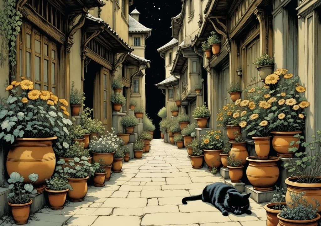Whimsical Mediterranean Alley in Mysterious Nocturnal Bloom