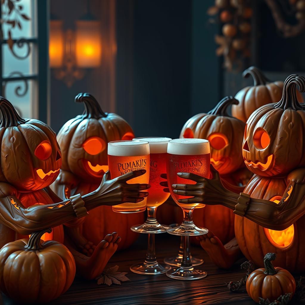 Anthropomorphic Pumpkins Enjoying Pumpkin Beer, Matte Painti...