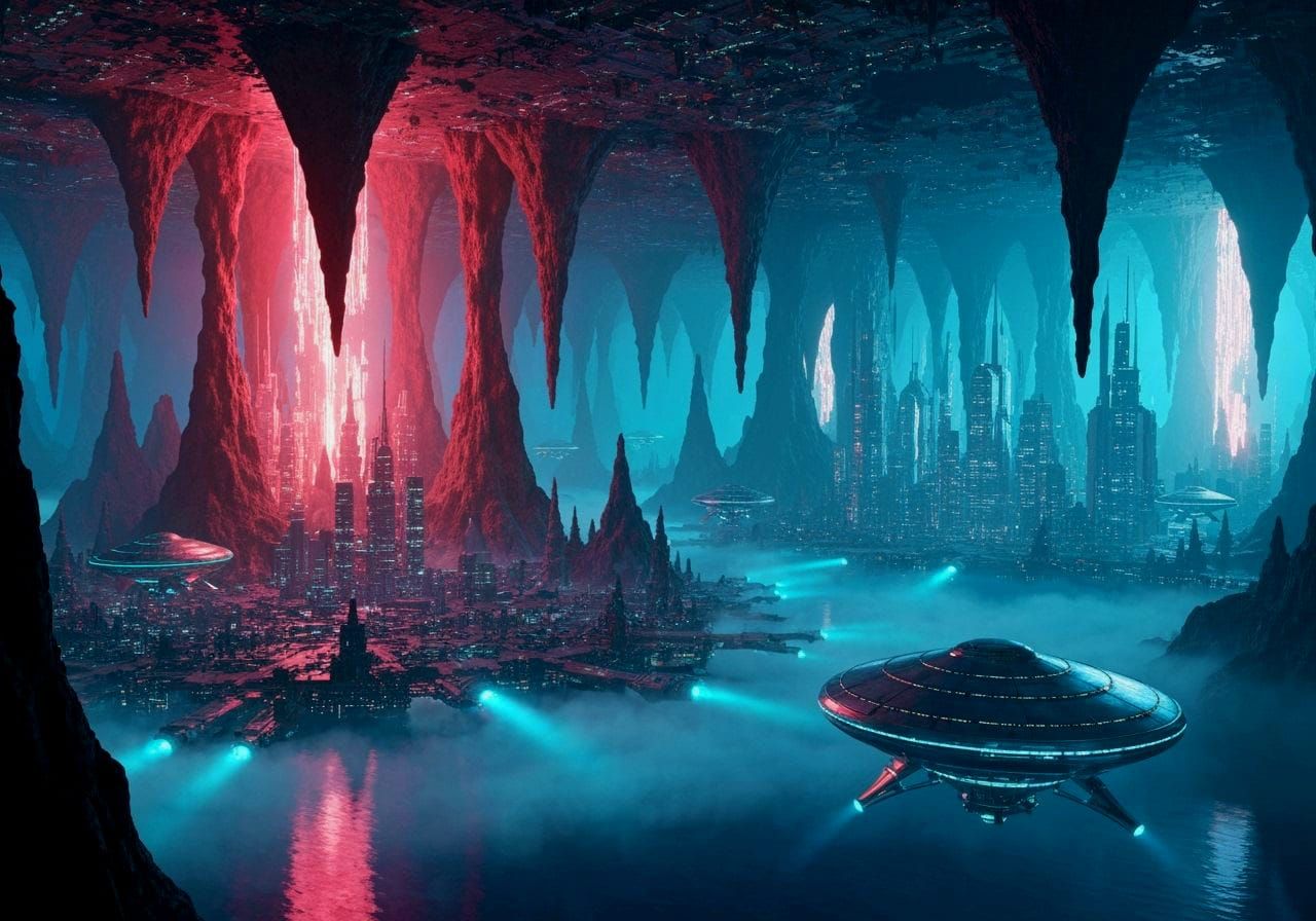 Futuristic Underground City with Chrome Airships