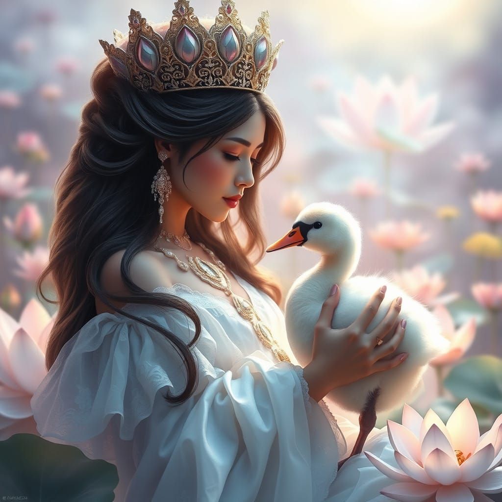 Regal White Lotus Princess in Vibrant Water Garden