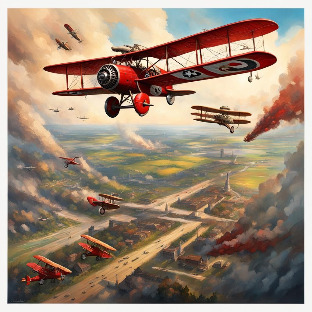 Red Baron Triplane Dogfight in Hyperrealistic Style