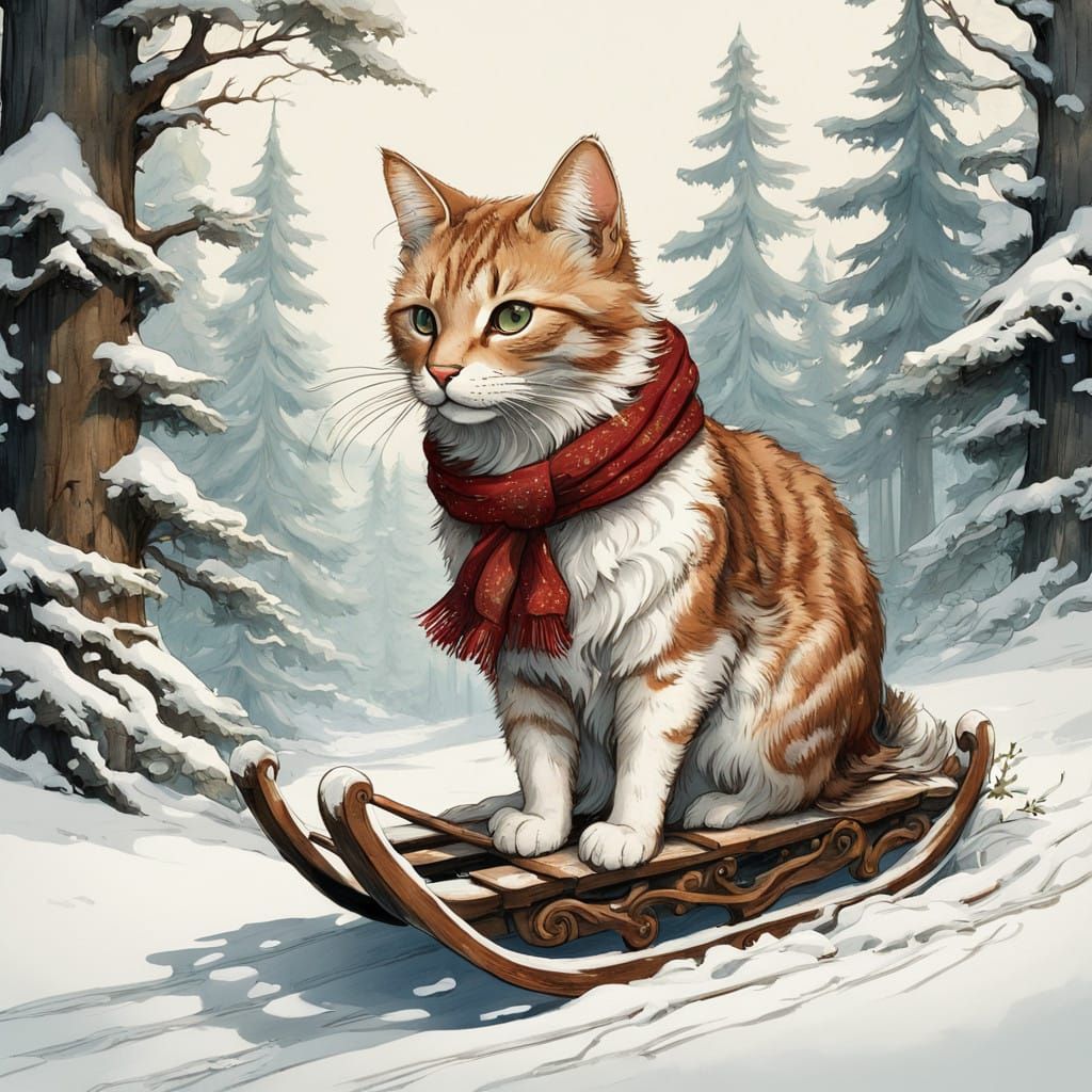 Ethereal Feline Sleigh Ride in Whimsical Winter Wonderland