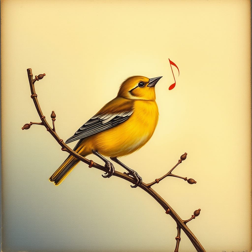 Goldenfinch Serenading from Vintage-Style Branch