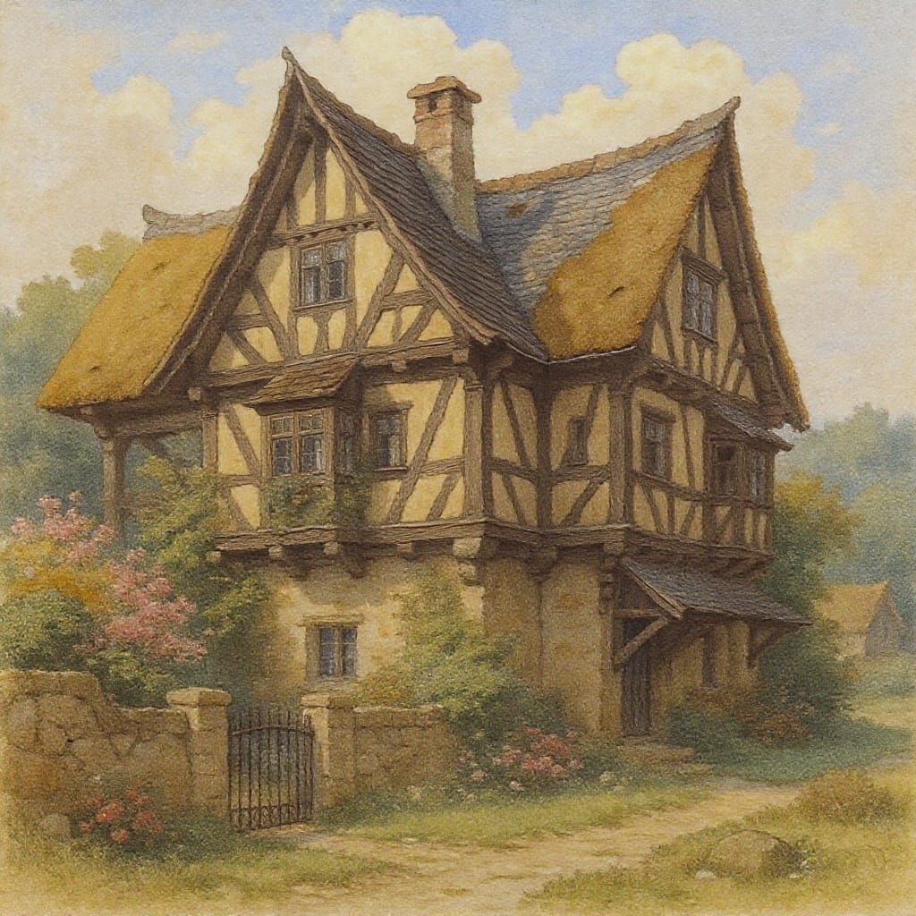 Medieval Half-Timbered House in Impressionist Style
