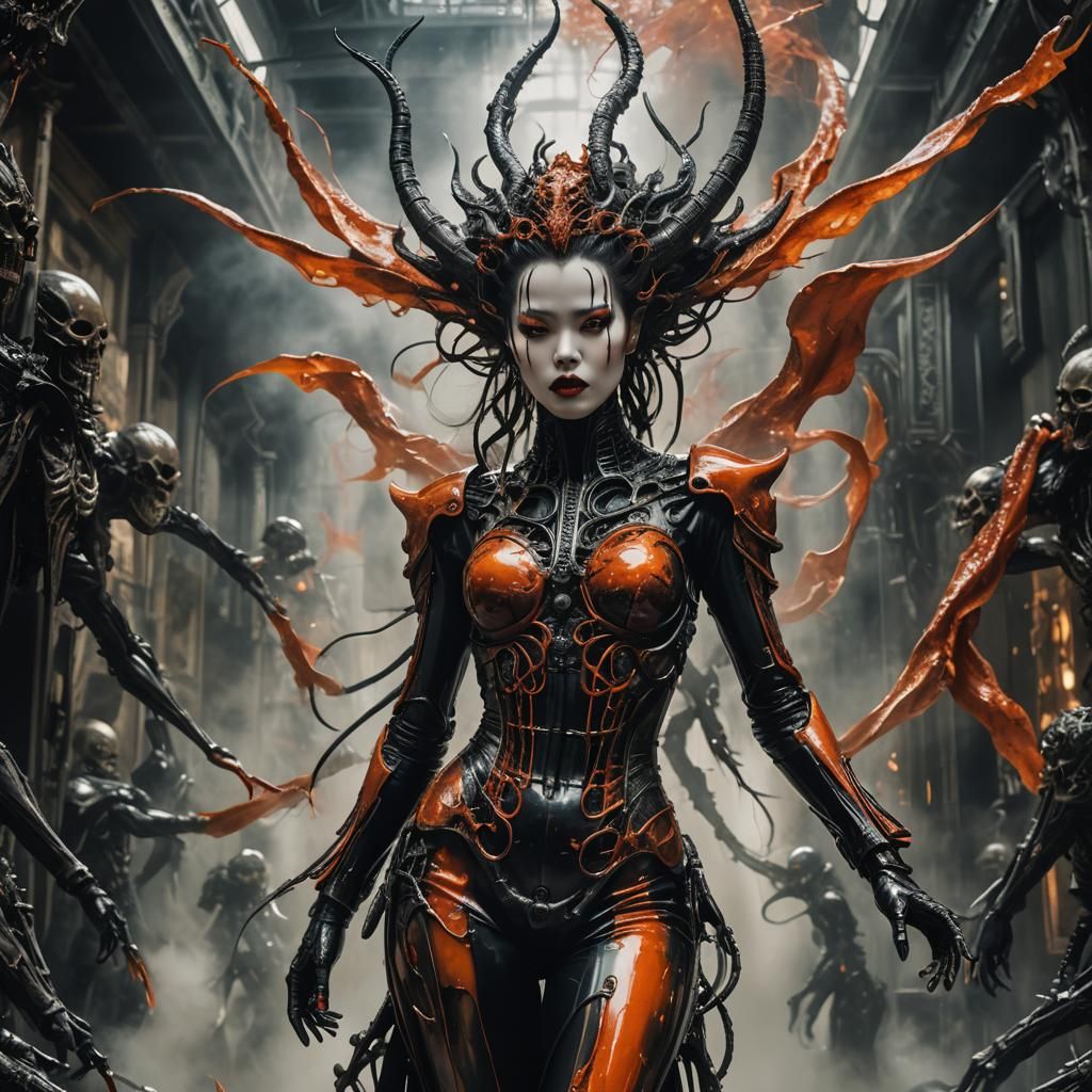 Elegant Angel's Descent: HR Giger Inspired Porcelain Portrai...