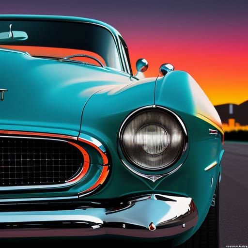 Teal Retro Car Illustration in Comic Book Style