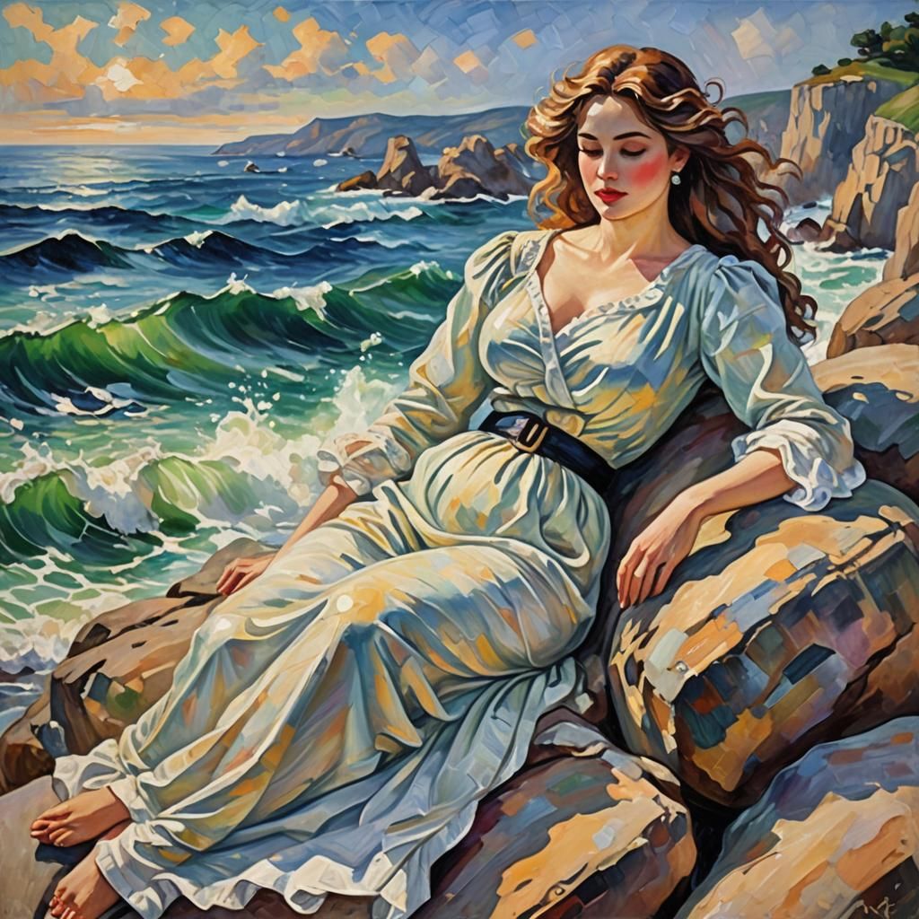 Graceful Woman by the Sea: Impressionist Oil Painting