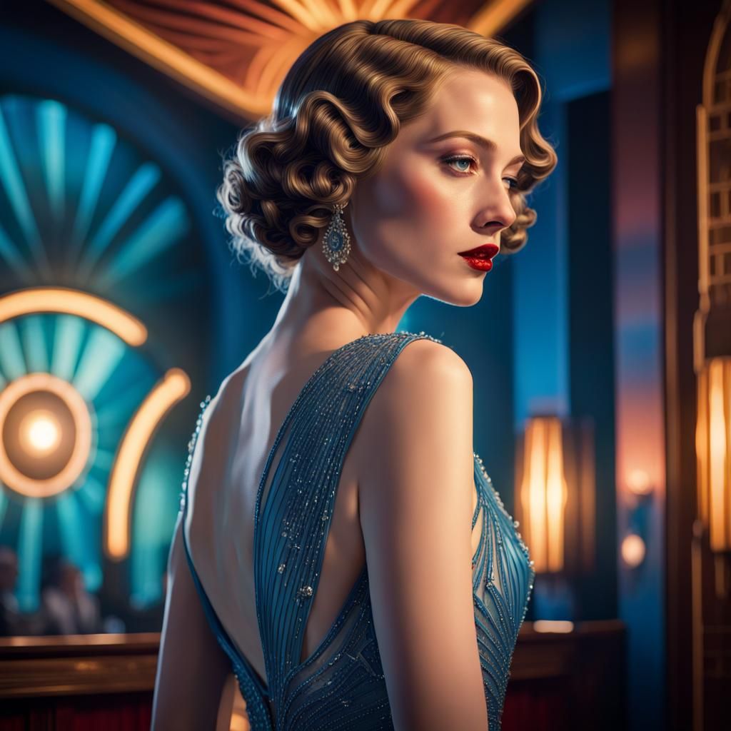 Art Deco Woman in Blue Gown, Hyperrealistic