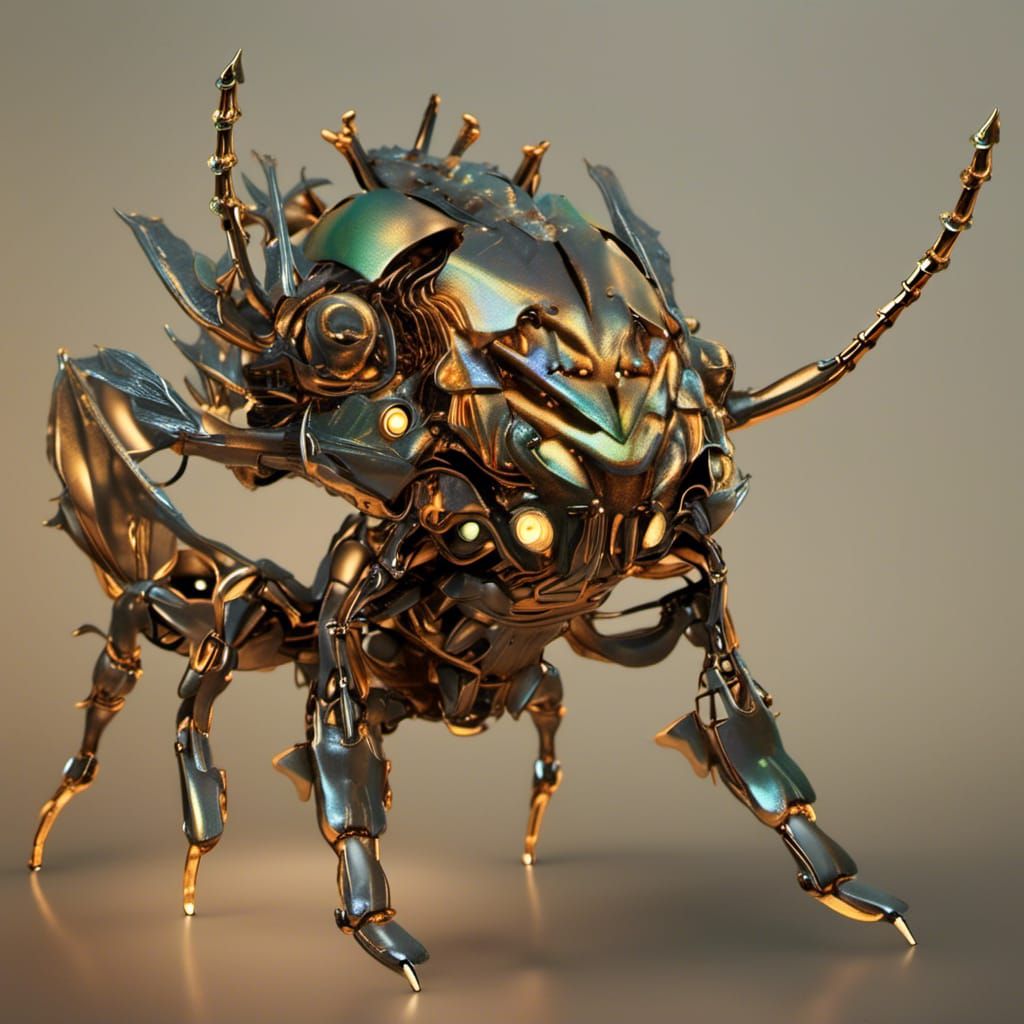 <lora:Automatica:1.0> Metallic robot horned beetle iridescen...