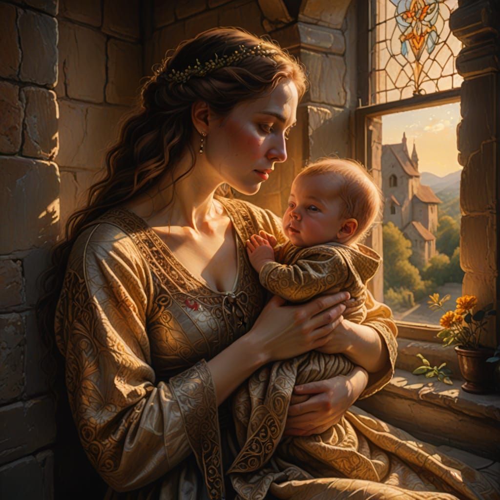 Medieval Mother and Child by Sunlit Window
