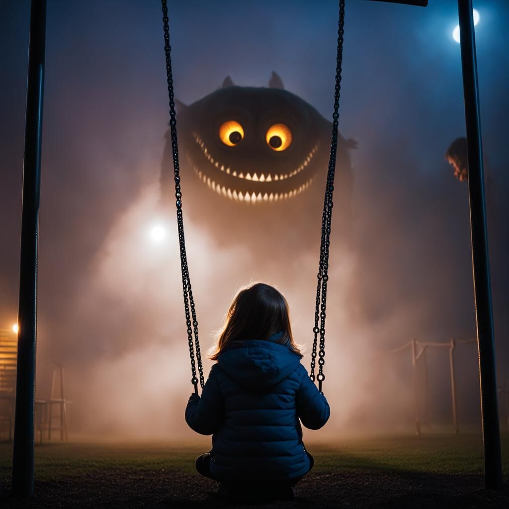 Girl on Swing with Fog Monster