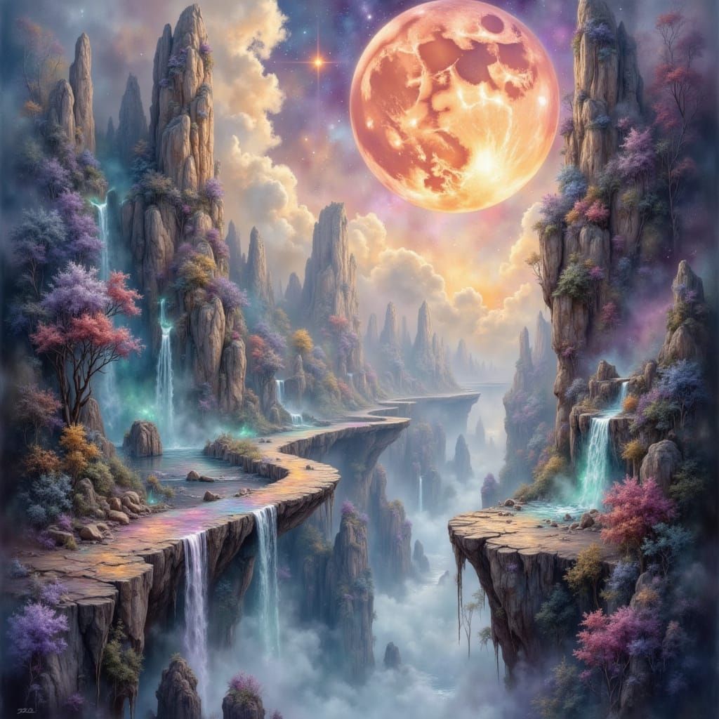 Floating Islands with Translucent Bridges Under Alien Moons