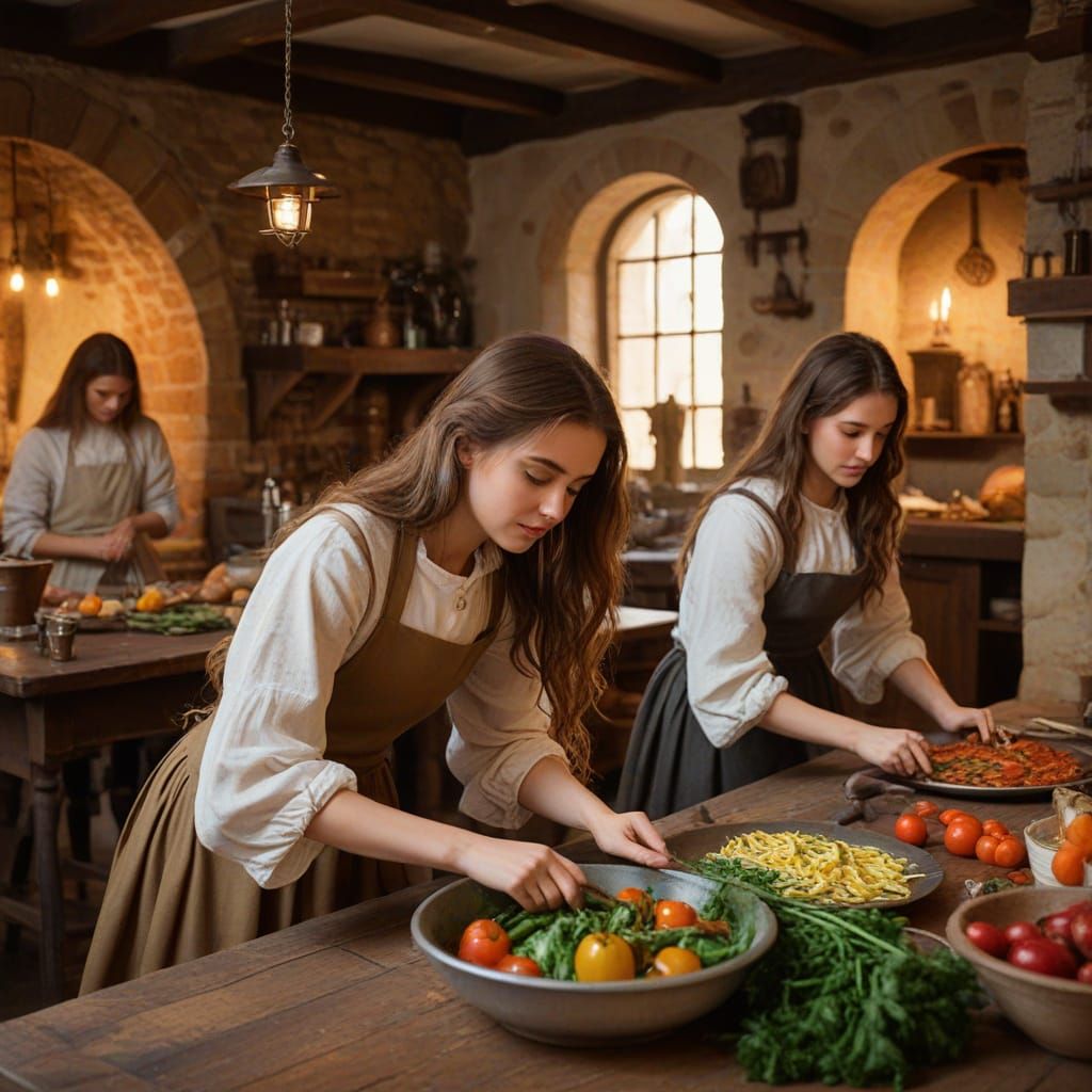 Medieval Kitchen Scene with Young Girls: Oil Painting