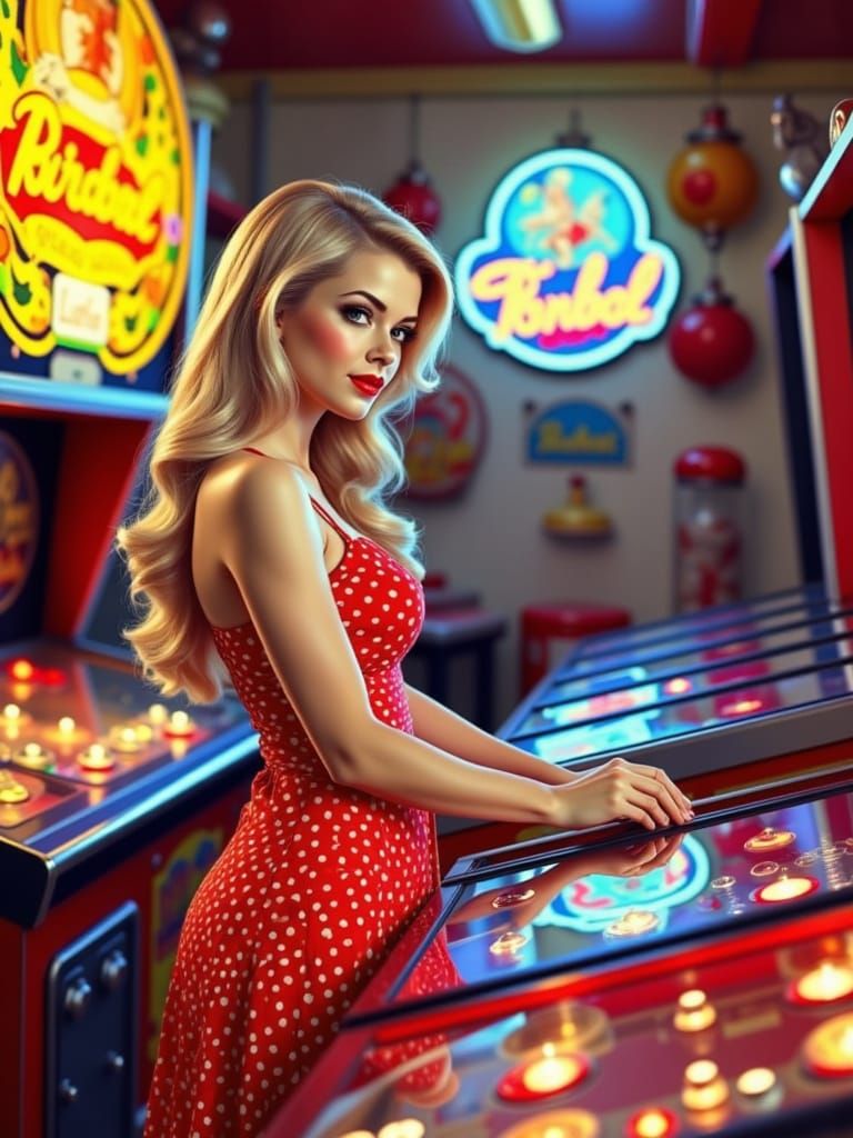 1960s Pin-Up Model at the Arcade: Realistic Style