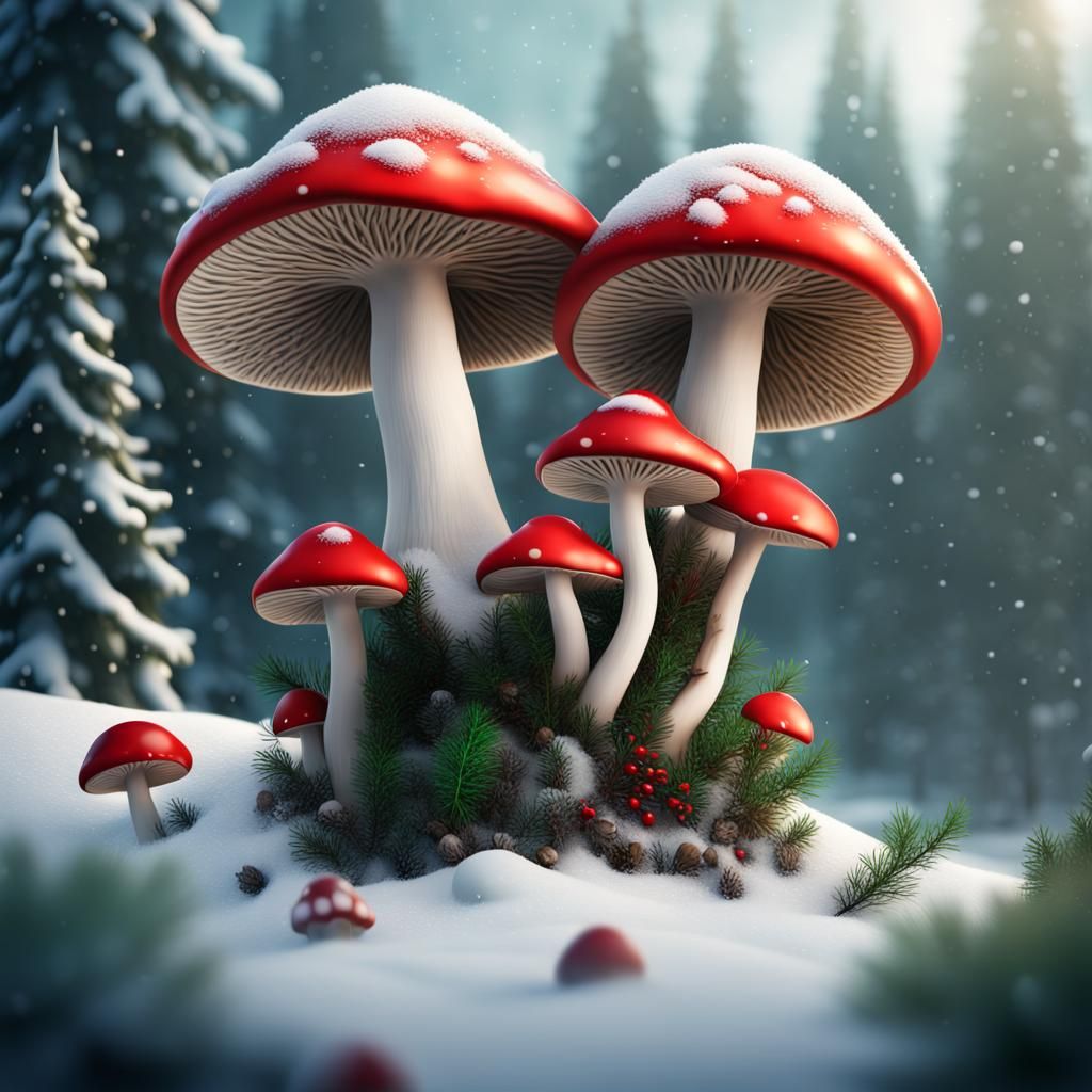 Christmas Mushrooms in Snowy Evergreen Landscape