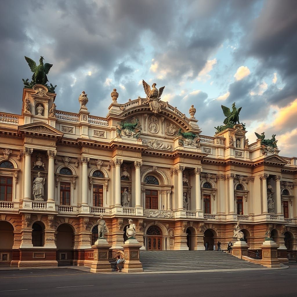 Ornate Baroque Palace Exterior with Golden Light
