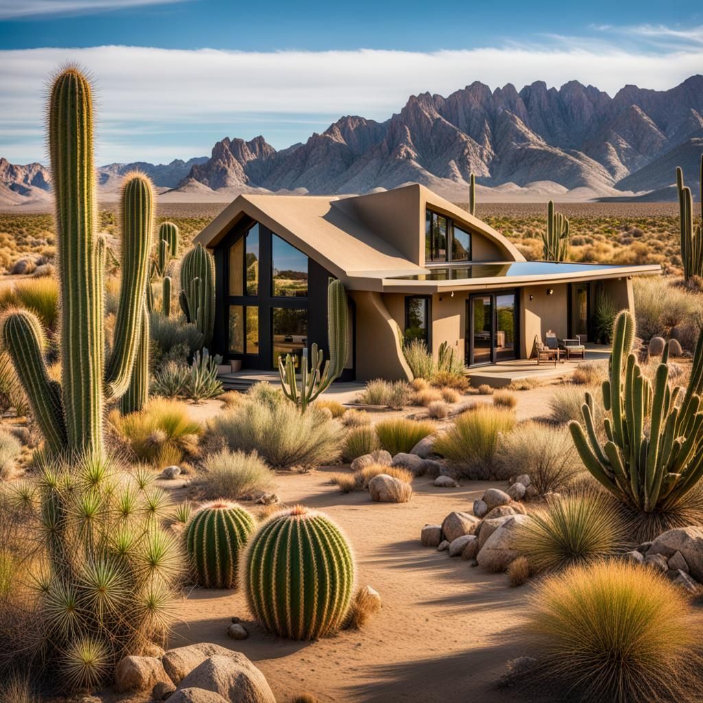 Cactus House in Desert Oasis Landscape
