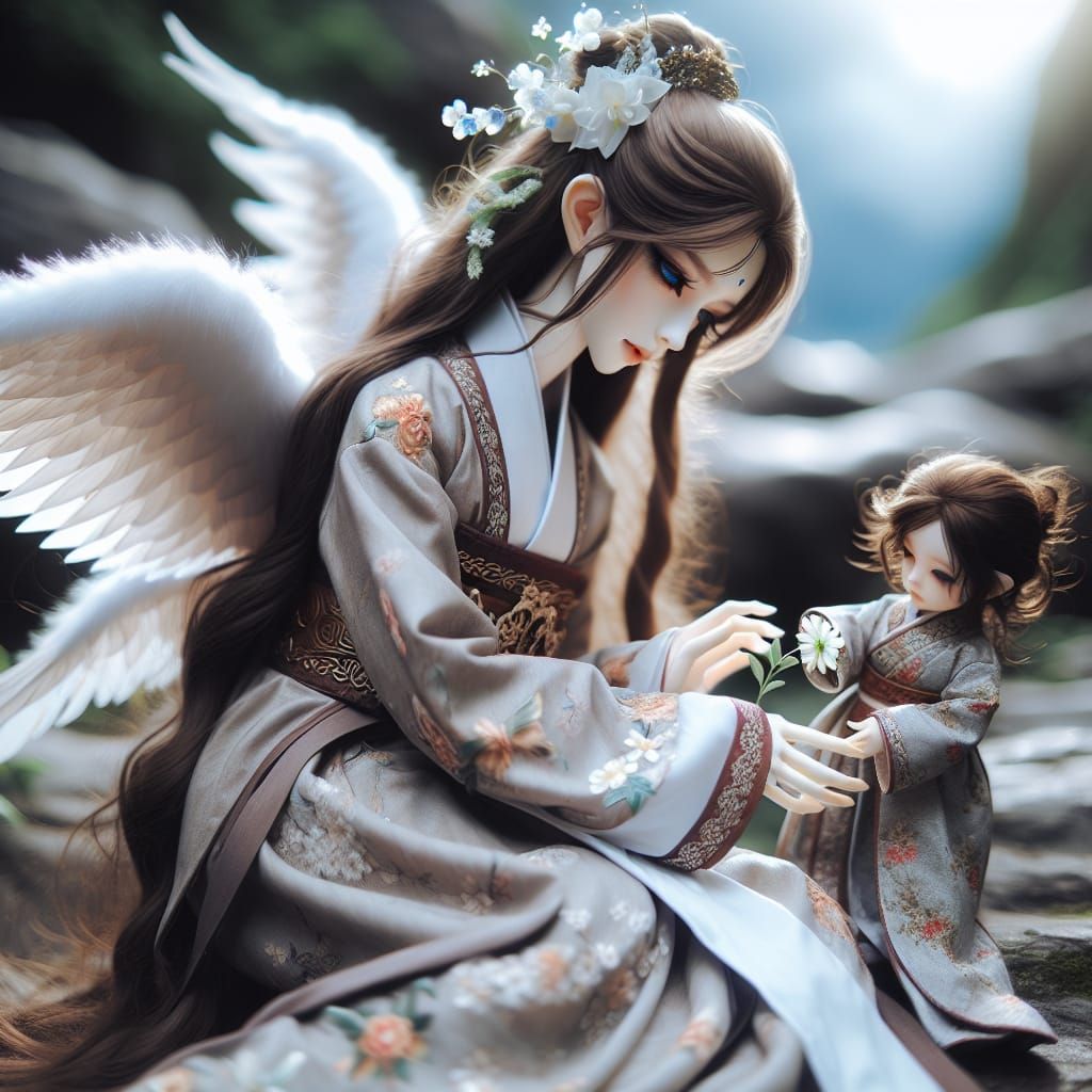 East Asian Woman with Butterfly Wings and Toddler