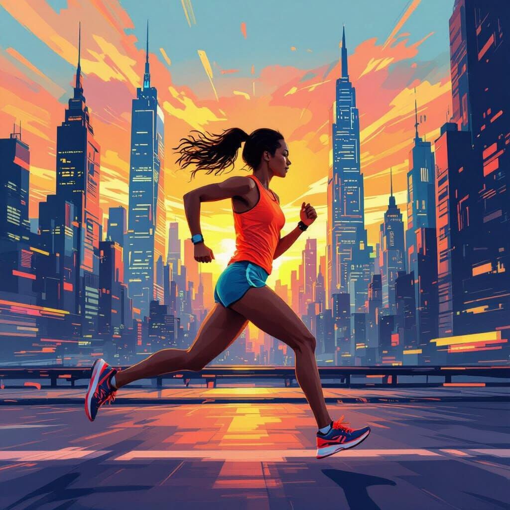 Woman Sprinting Through Abstract Cityscape, Digital Illustra...