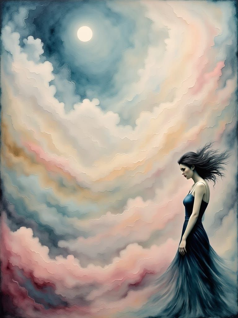 Lonely Woman in Dreamy Collage Painting