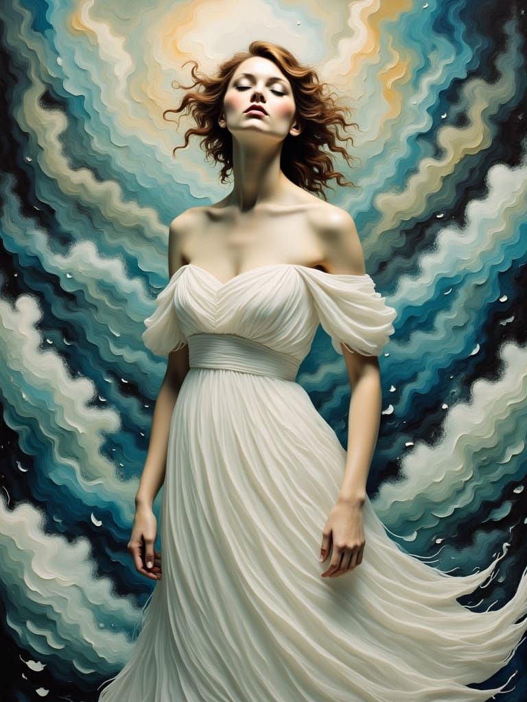 Dreamlike Woman in Swirling Cloudscape