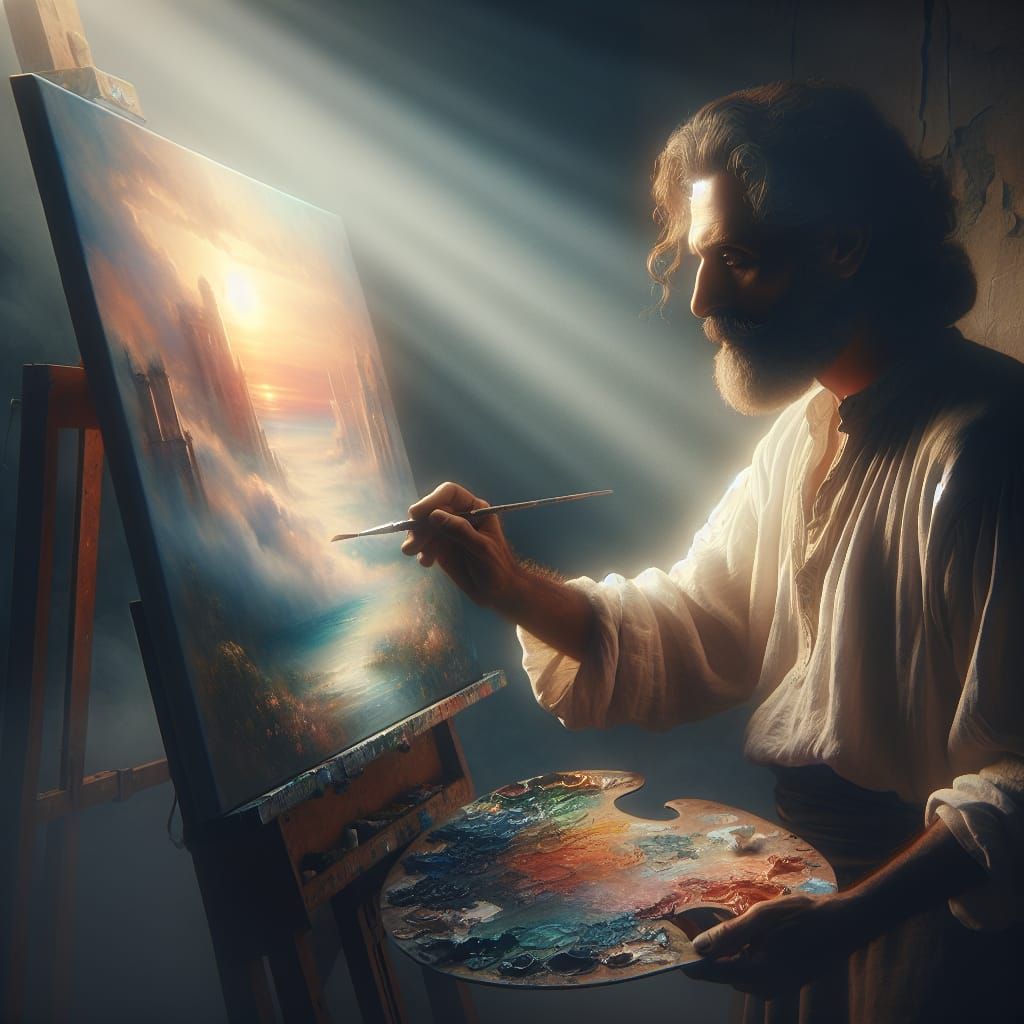 Artist Creating Landscape Painting in Studio