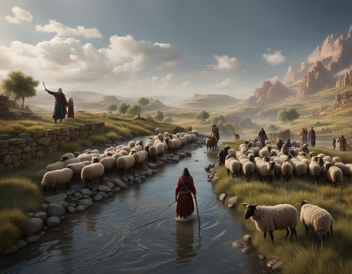 Jacob Crossing River with Family and Sheep