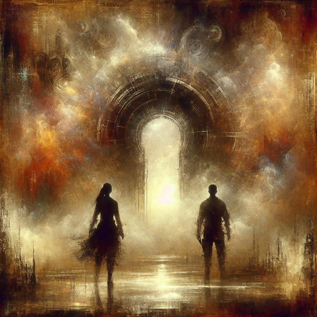Mystical Portal with Diverse Figures in Digital Lithograph