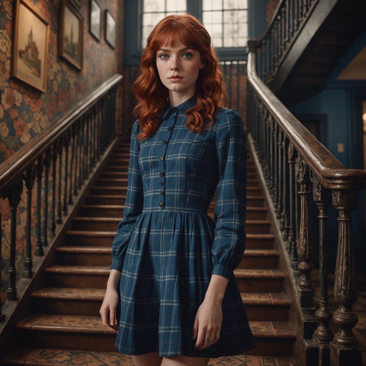 Young Woman with Red Hair in Plaid Dress