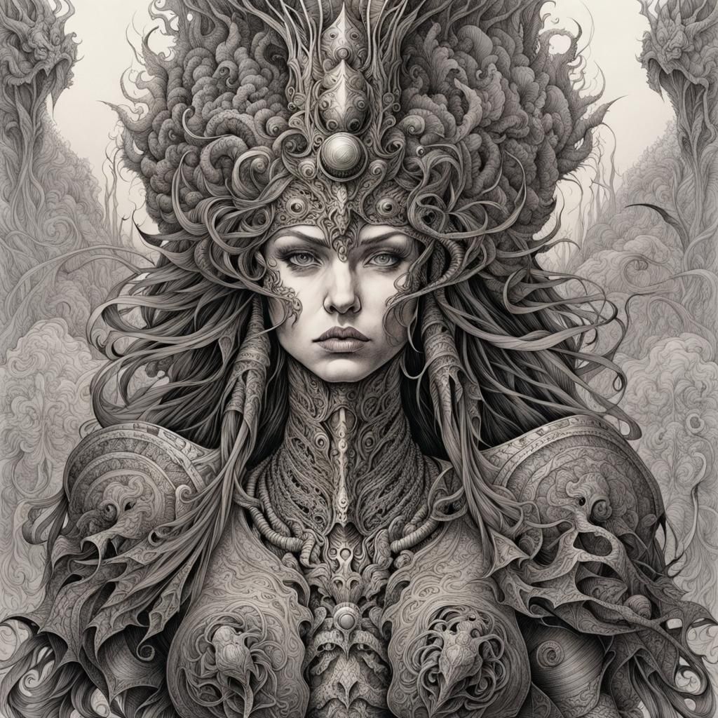 Eldritch Ink Drawing of a Warrior Princess
