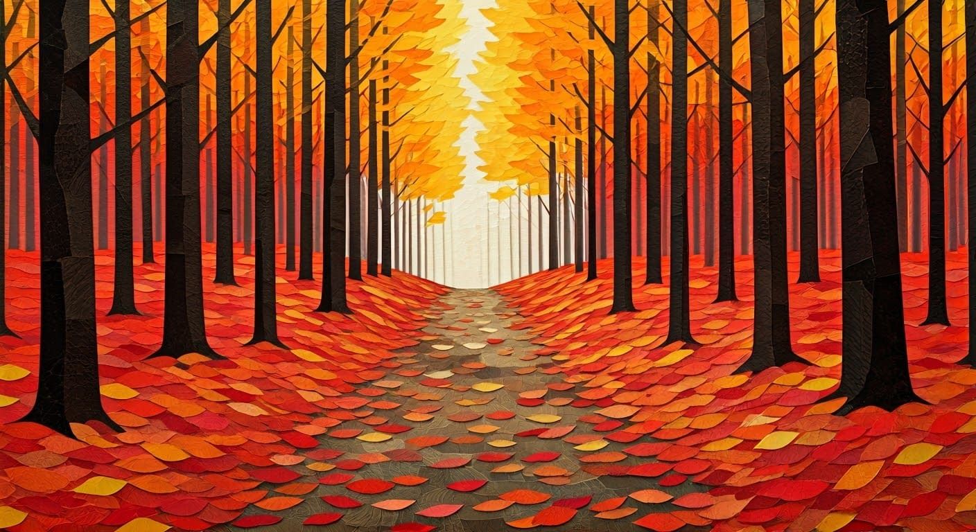 Autumn Forest Path in Vibrant Paper Collage Art