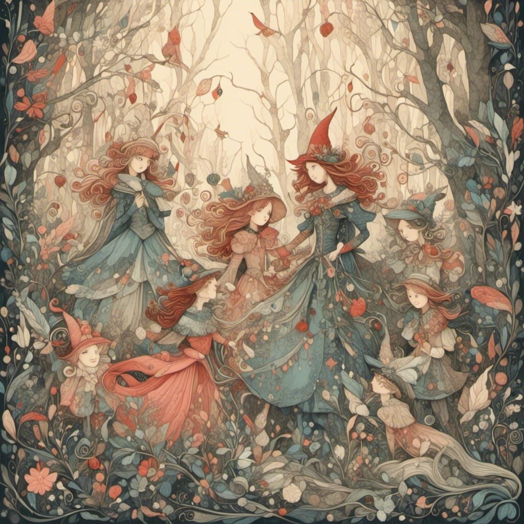 Elves in Enchanted Forest, Whimsical Illustration