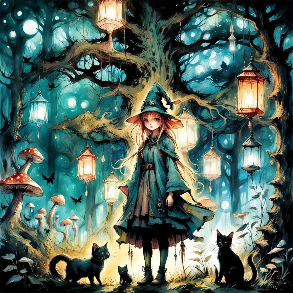 Cute Witch Girl and Cat by Magical Tree