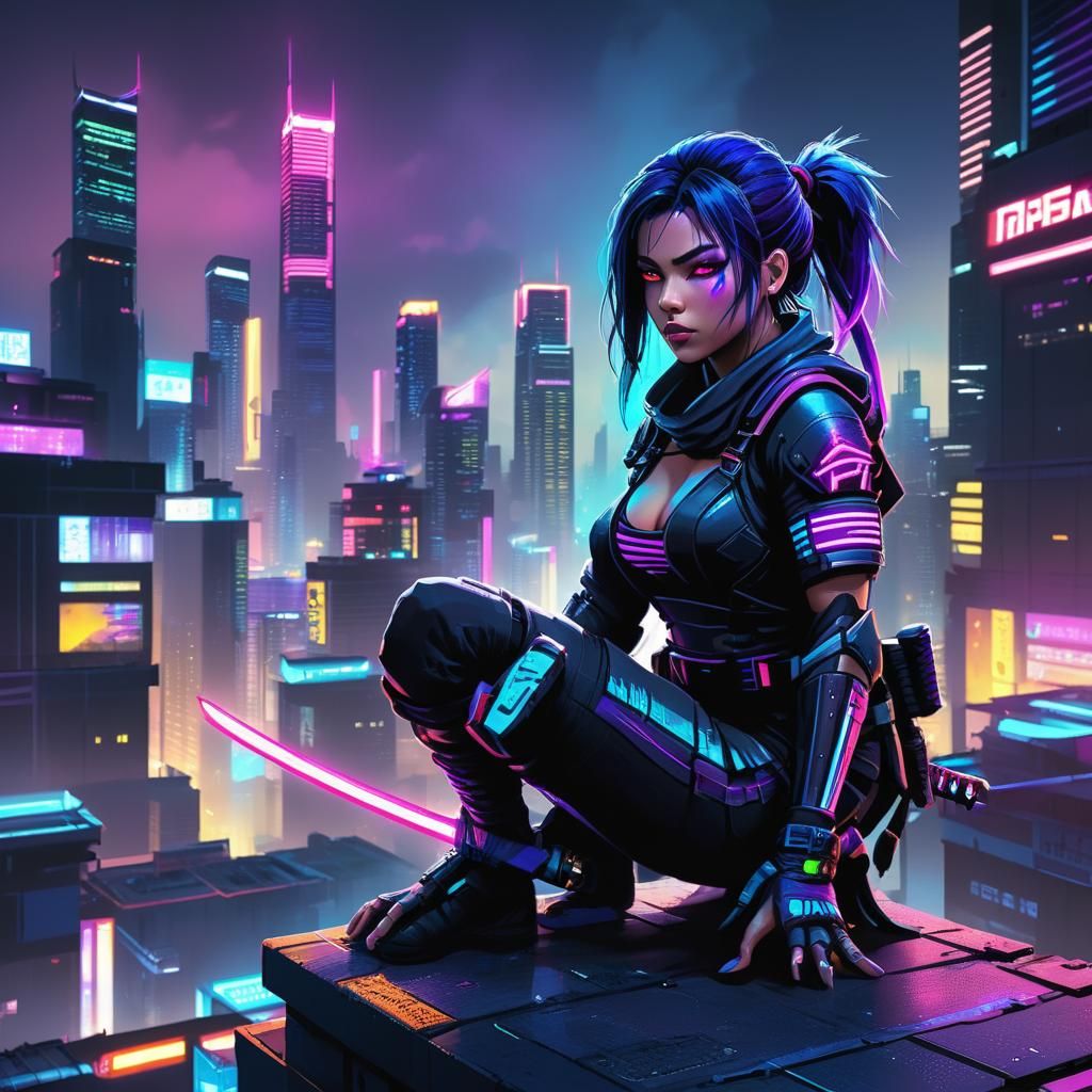 Cyberpunk Ninja Girl in Neon Cityscape