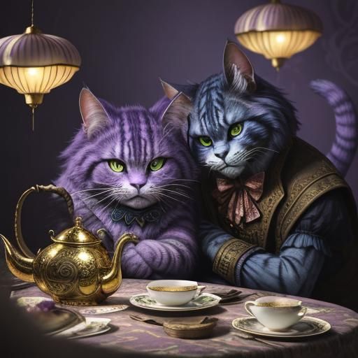 Cheshire Cat and Mad Hatter Tea Party, Hyperrealistic