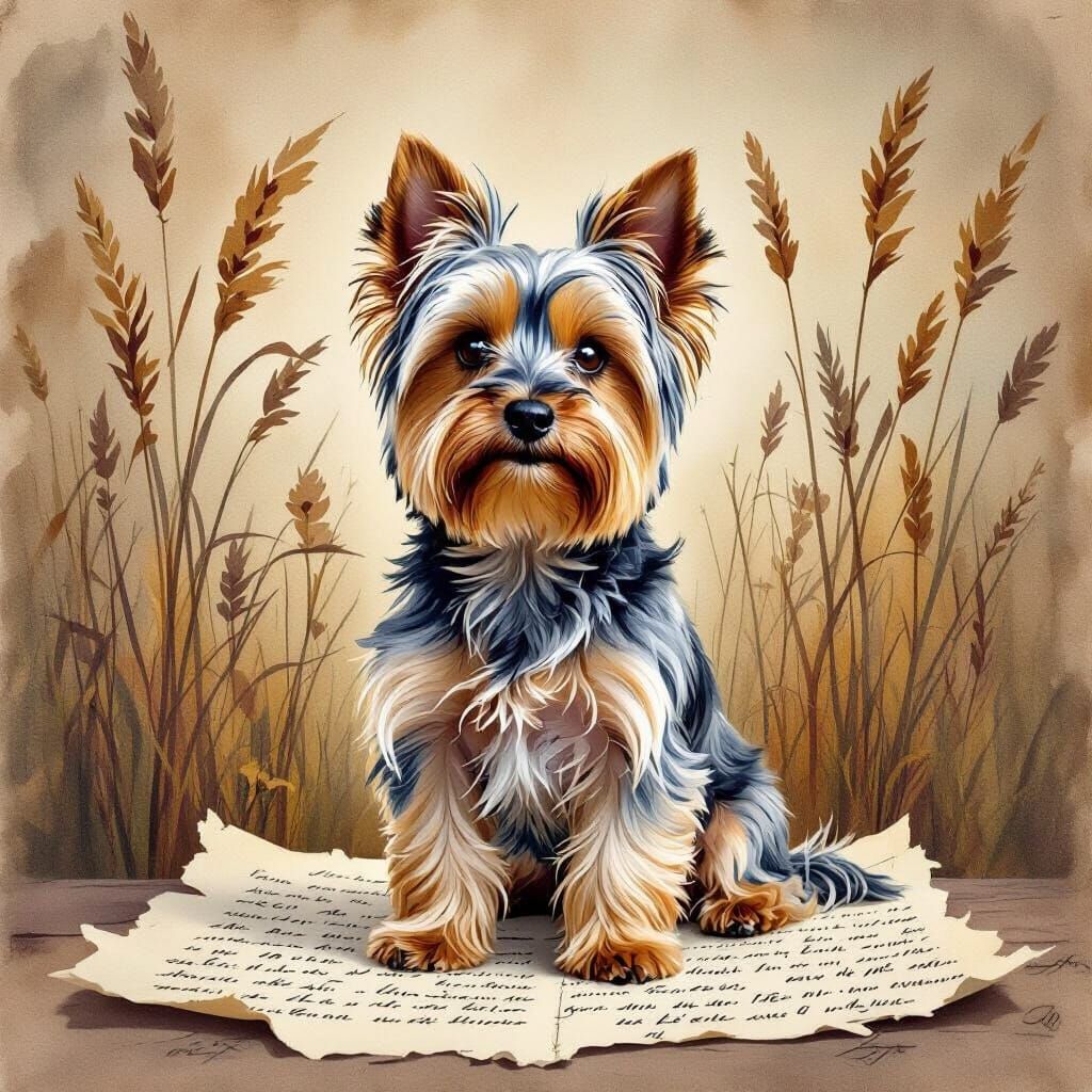 Yorkshire Terrier on Aged Paper in Watercolor Style